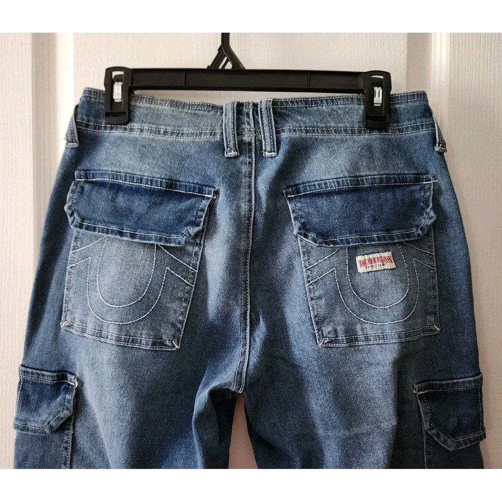 TRUE RELIGION Womens Cargo Straight Leg Blue Jeans Pants Pockets Stretch Size 27